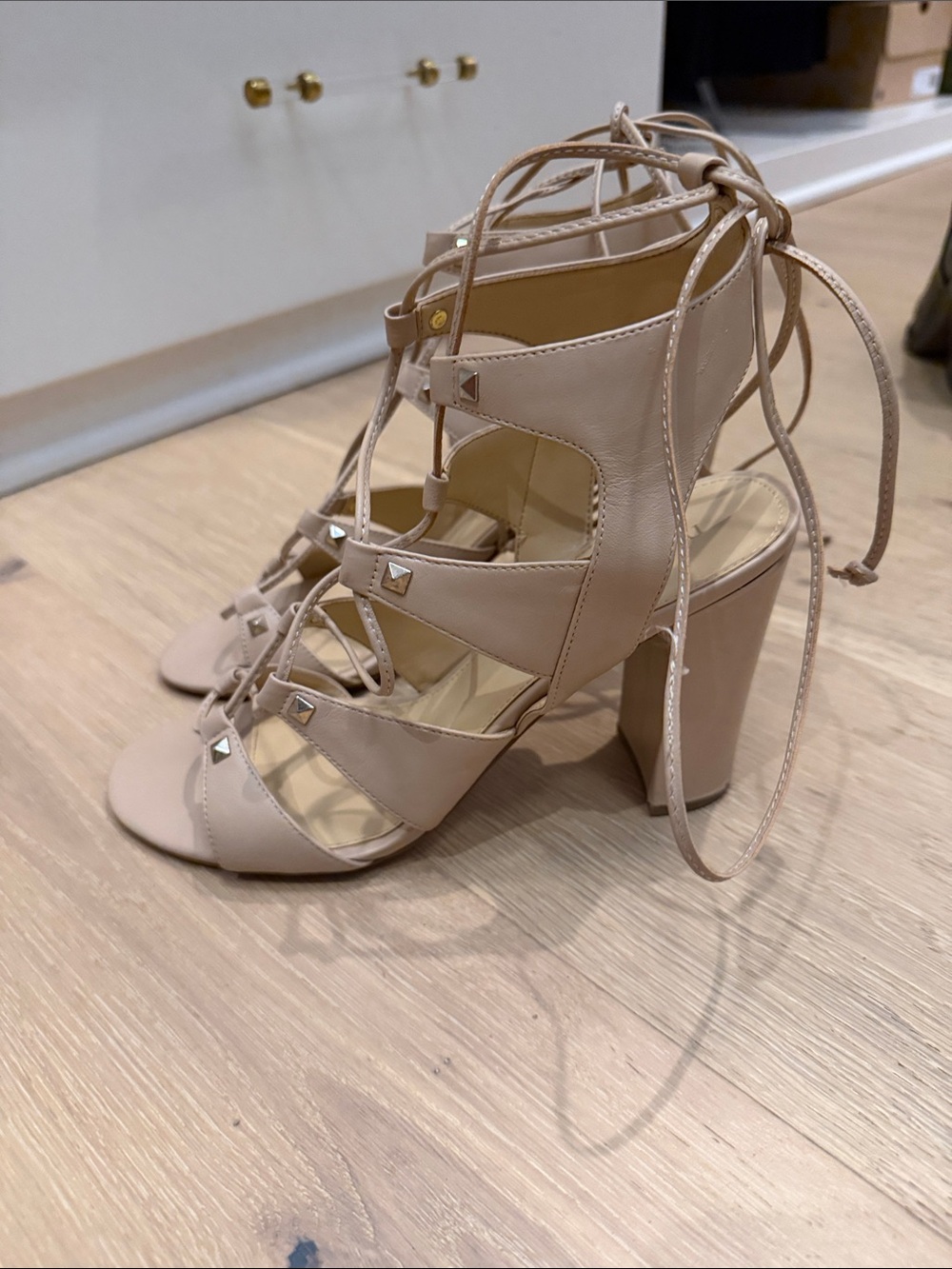 Ivanka Trump Blush Lace-Up Studded Block Heel Sandals